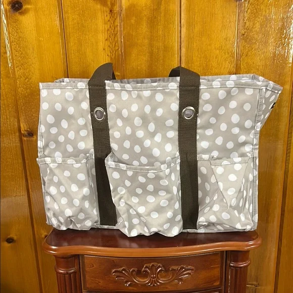 Thirty-One White, Cream and Brown Polka-Dot Tote Bag with Structured Design - Picture 4 of 4